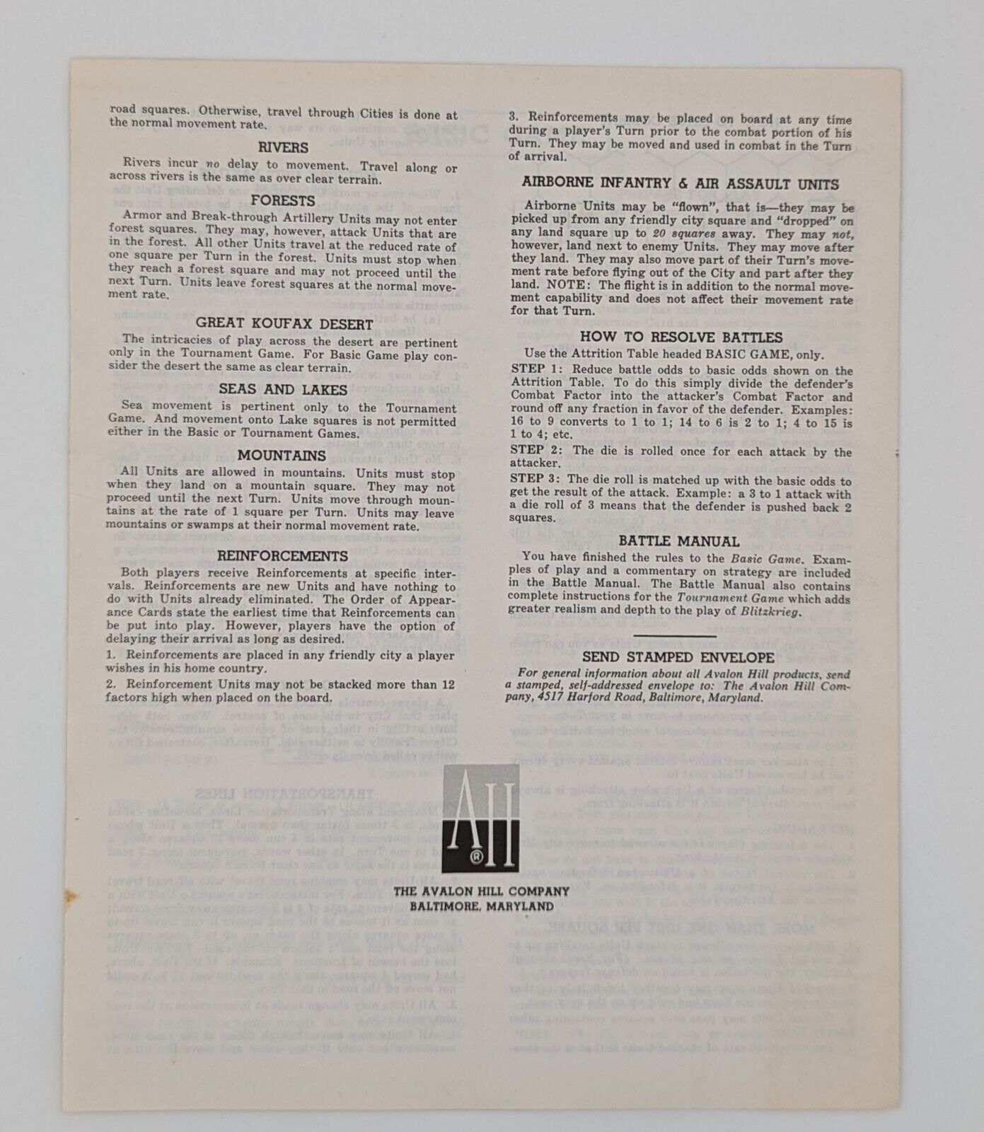 Blitzkrieg Lightning Warfare Avalon Hill Game Parts: Instructions Toys & Hobbies:Games:Game Pieces, Parts JJJambers Jamboree   